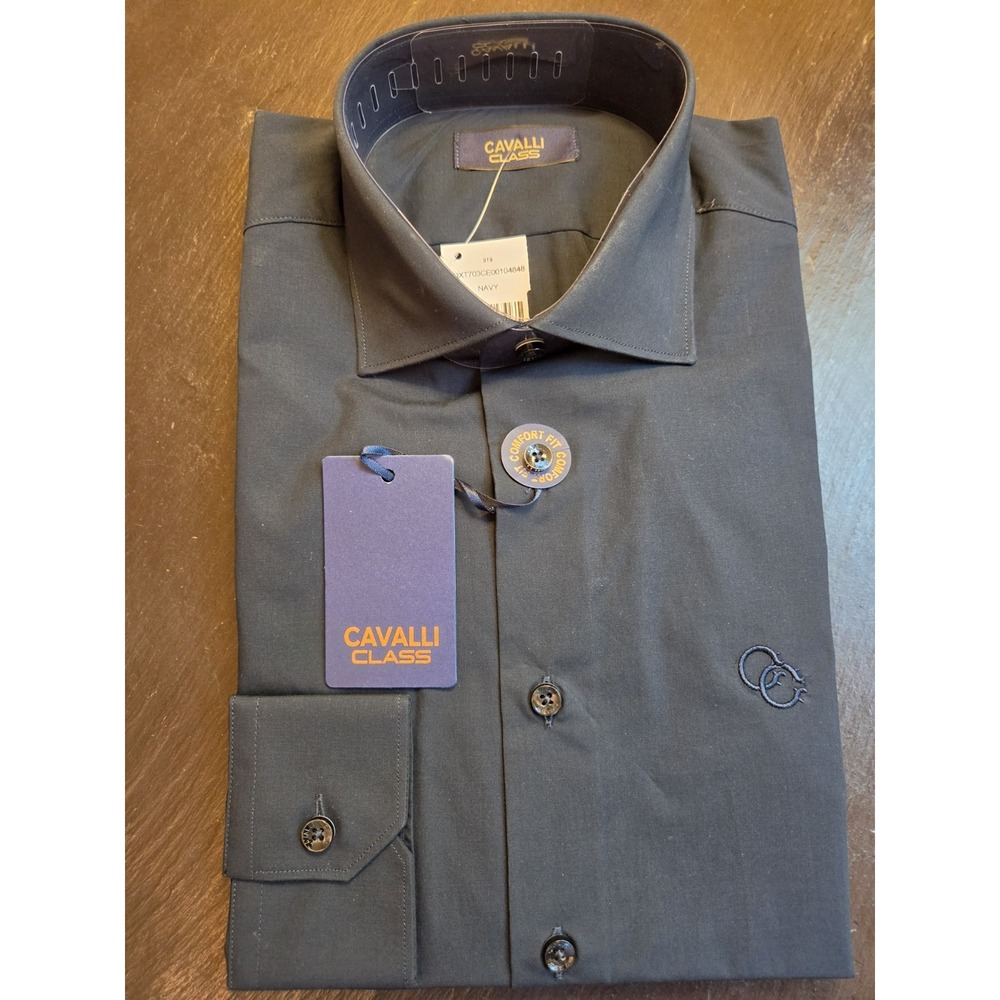 Cavalli Class Men's LS Logo Dress Shirt Comfort Fit Dark Navy Size 15 NEW! $350